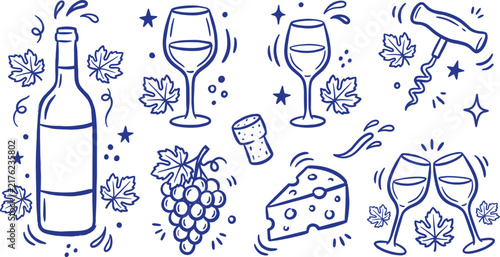 Hand drawn wine doodles vector set with bottle glasses grapes cheese and corkscrew isolated