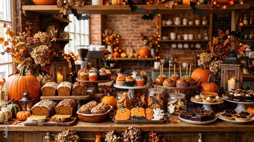 Abundant autumn dessert table with pumpkin treats and fall decorations