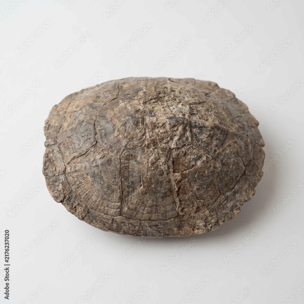 Fototapeta premium Fossilized turtle shell displaying intricate patterns and rough textured dark brown surfaces isolated against a plain clean neutral white background