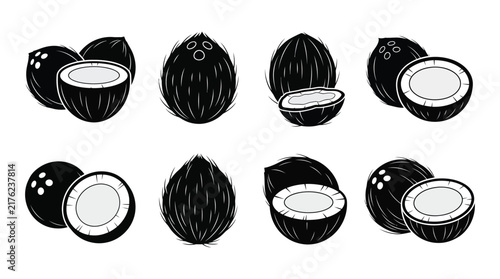 Coconut illustrations with halves and whole fruits in a black and white style