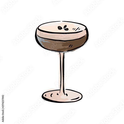 A hand drawn watercolour illustration of an espresso martini cocktail.