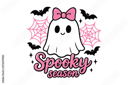 A cute ghost illustration with a pink bow and bats decorates a spooky season design