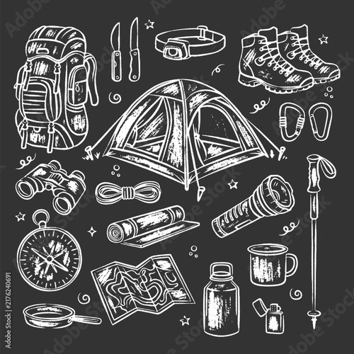 Chalkboard Style Camping Gear And Hiking Equipment Vector