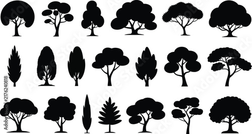 Collection of various tree silhouettes in black, featuring diverse shapes, sizes, and foliage patterns for nature, forest, garden, and landscape projects