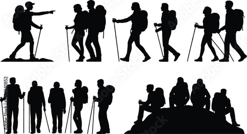 Group of black silhouettes depicting hikers and backpackers with trekking poles in various poses, including walking, pointing, and sitting on a mountain, on white background