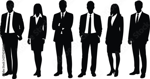 Group of business people standing in a row, wearing formal suits and dresses, black silhouettes isolated on a white background, for corporate and, office themed projects
