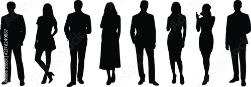 Group of diverse people standing in a row, black silhouettes isolated on a white background, for corporate, social, and community themed, and projects