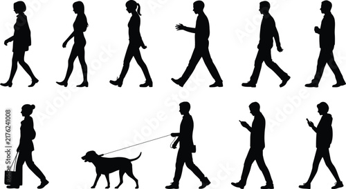 Set of black silhouettes of people walking in various poses, including a person walking a dog and someone carrying a shopping bag, isolated on a white background