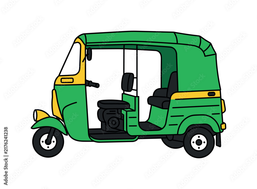 Fototapeta premium Green and yellow auto rickshaw illustration on a clean white background