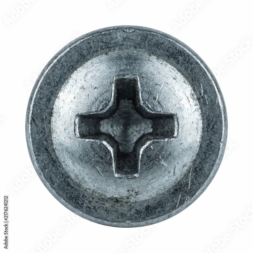 Industrial steel screw head showing detailed cross drive pattern isolated on white background with metallic texture and sharp lighting focus