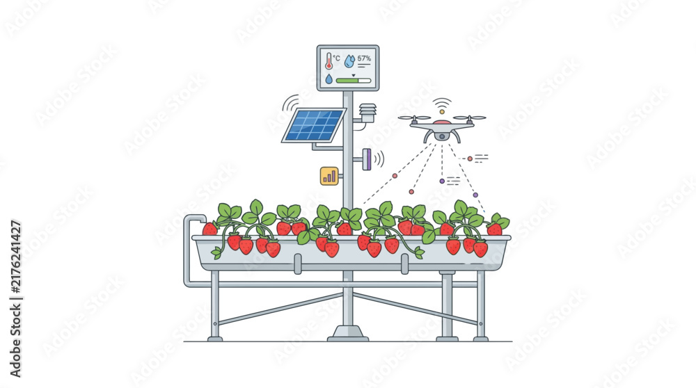 Fototapeta premium Smart Farming Technology: Drone Monitoring Strawberry Cultivation