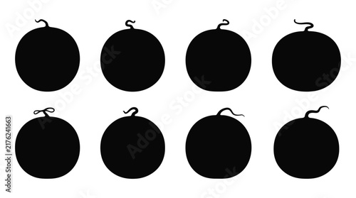 Black silhouette of gourds with curly stems against a white background