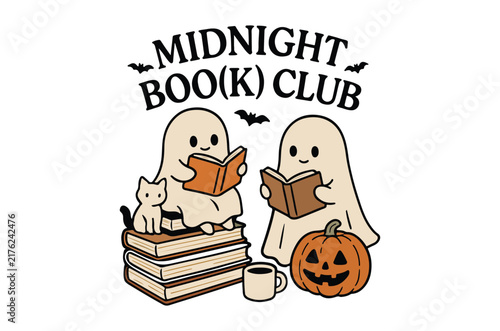 Midnight book club svg, Two ghosts reading books with a cat and pumpkin vector illustration