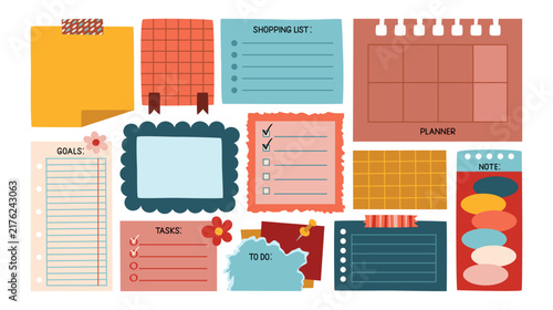 Set of stickers, notes, paper forms with space for text. Hand drawn flat collection for reminders, to-do list, planner, schedule. Templates from part of sheets, paper scraps, paper clips, labels.