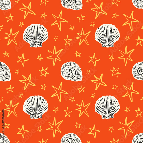 Foto Seashell and Star Seamless Pattern Illustration on Orange Background