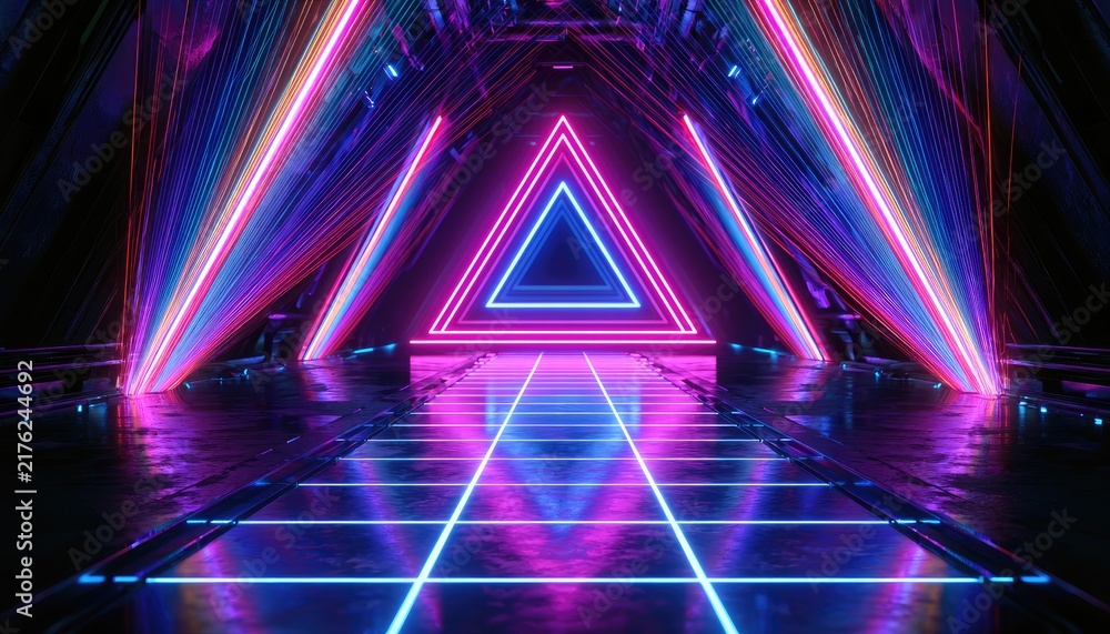 Fototapeta premium A futuristic tunnel featuring a neon glowing triangle portal with light beams