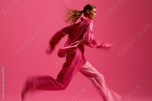 Energetic pink fashion run: stylish young woman sprinting on a solid pink backdrop