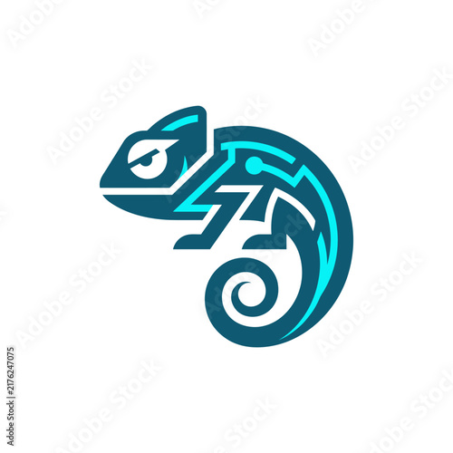 A stylized digital chameleon logo featuring geometric circuit patterns in shades of blue.