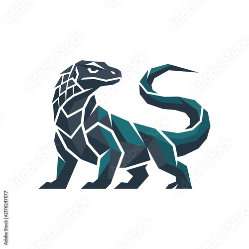 A stylized geometric illustration of a Komodo dragon standing in profile.