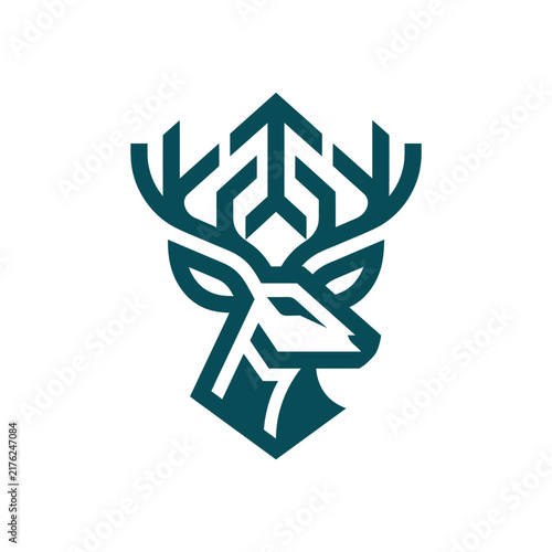Minimalist geometric deer head logo design in dark teal.