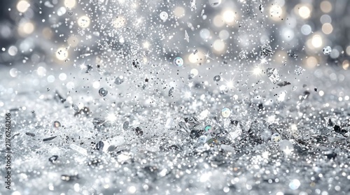 A cascade of shimmering diamonds and sparkling water droplets creates a dazzling, glittering effect on a reflective surface. The image evokes a sense of luxury, brilliance, and preciousness.