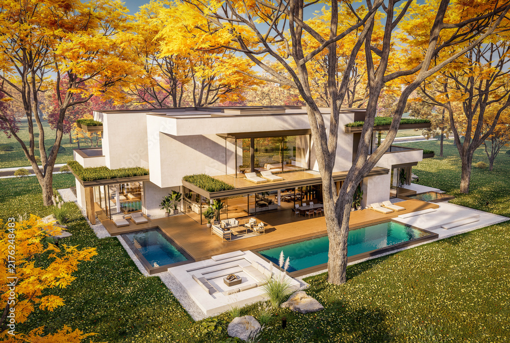 Obraz premium 3d rendering of two-story house with parking and pool for sale or rent with concrete facade and beautiful landscaping on background. Clear sunny autumn day with golden leaves anywhere