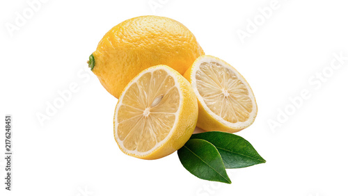Cuadro en lienzo Fresh ripe lemon slices with green leaves isolated on transparent background org