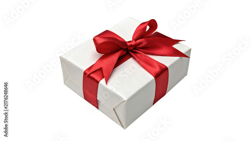 Elegant white gift box with bright red ribbon bow isolated on transparent background holiday celebration element