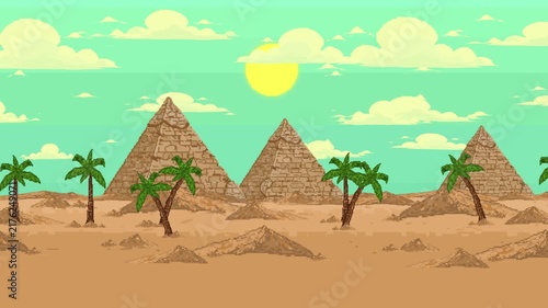 Pixel art style background animation of an old retro game featuring Egyptian pyramids, palm trees and sand dunes under a sunny sky, egypt, vintage, landscape.