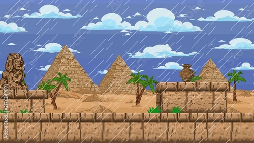 Pixel art style background animation of an old retro game featuring Egyptian pyramids and palm trees under a cloudy rainy sky during daytime, desert, storm, 2D.