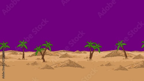 Pixel art style background animation of an old retro game featuring palm trees in the desert under a dark red sky, egypt, vintage, landscape.