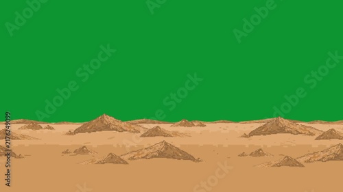 Pixel art style desert dunes background animation for old retro games featuring a green screen background for video editing, chromakey, sand, backdrop.