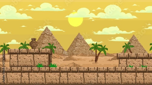 Pixel art style retro game background animation featuring Egyptian pyramids, palm trees and an ancient stone temple under a bright sun, vintage, 2D, loop.