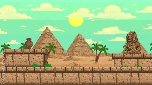 Pixel art style old game video featuring an ancient Egyptian city landscape with pyramids, temples, stone pillars and palm trees under a bright sun, egypt, history, background.