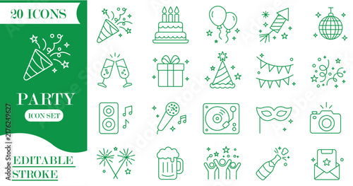 Party icons set. Set of happy birthday celebration, cake, fireworks, heart balloons, party speaker, number candle, pirate hat, carnival mask, gift box, disco ball, beer mug vector illustration.
