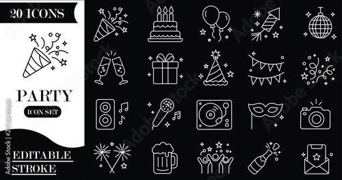 Party icons set. Set of happy birthday celebration, cake, fireworks, heart balloons, party speaker, number candle, pirate hat, carnival mask, gift box, disco ball, beer mug vector illustration.