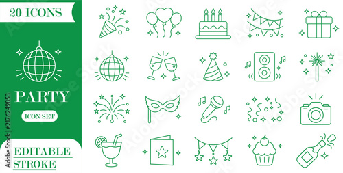 Set of party and calibration icon collection. Editable stroke. Vector illustration.