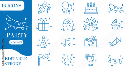 Celebration & Party icon set. Containing festival, balloon, gift, event, birthday, confetti, holiday, decoration, and more. Editable stroke. Vector illustration
