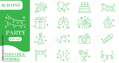 Celebration & Party icon set. Containing festival, balloon, gift, event, birthday, confetti, holiday, decoration, and more. Editable stroke. Vector illustration