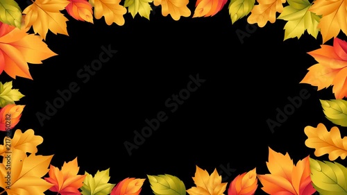 Animated autumn leaf frame featuring colorful red, orange, yellow, and green foliage arranged around the edges with a transparent center. Alpha channel allows easy compositing as a seasonal overlay