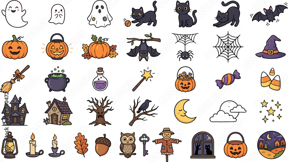 Fototapeta premium Cute Hand Drawn Halloween Element Doodle and Spooky Autumn Vector Set