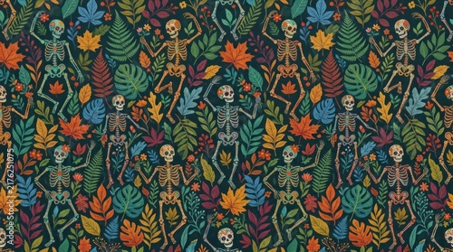 A festive pattern features skeletons dancing amidst a lush tropical forest.