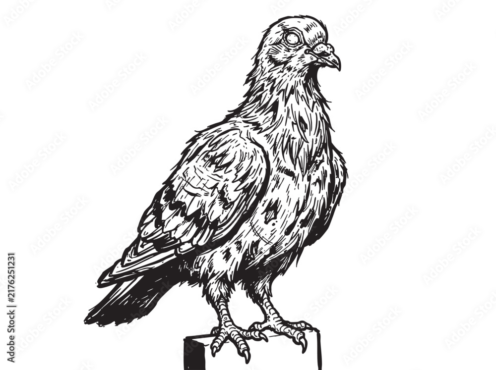 Fototapeta premium Vintage sketched pigeon illustration. Hand drawn dove, animal drawing, ornate pen and ink sketch in monochrome style for creative design and print projects.