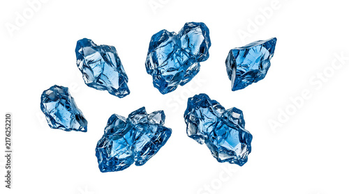Blue crystals falling isolated PNG. Floating gemstone rocks Shattered crystal stones in bright blue color PNG