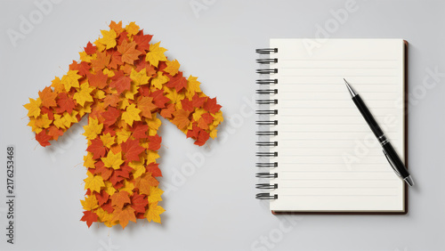 Upward arrow formed from bright autumn leaves beside a simple chart and clock symbolizing seasonal growth positive trends business momentum performance gains and progress