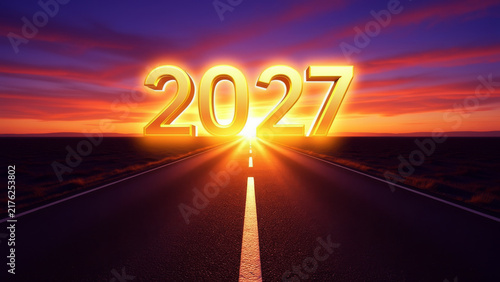 Glowing 2027 numbers rising above a vivid sunset horizon creating an energetic new year concept centered on future goals fresh opportunities annual change optimism and forward planning