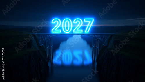 Neon 2027 and 2028 numbers glowing inside a dark futuristic corridor illustrating the transition between calendar years changing goals forward movement and a new cycle of progress