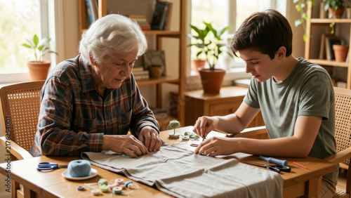 Older woman and younger adult sharing a hands on activity at a home table illustrating intergenerational learning companionship creativity support connection and meaningful time together