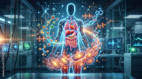 Bio-digital Human Anatomy: A glowing, stylized human form displays internal organs, surrounded by abstract molecular structures and digital data streams.