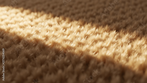 Closeup of a warm brown woven textile illuminated by geometric sunlight creating a tactile abstract surface for interior design material texture coziness craftsmanship and natural decor